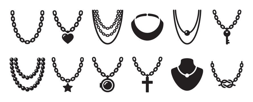 Various black silhouette necklaces and chains with different pendants like heart, key, cross, and star, presented in a clean, graphic style