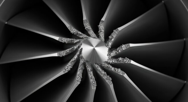 Extreme macro shot of a damaged turbine impeller with rough edges