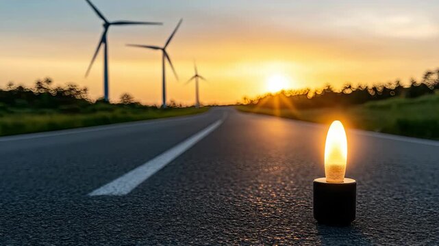 Candle placed on road captures light as the sun sets behind wind turbines in a clear sky. Moments of nature and simple beauty are shown