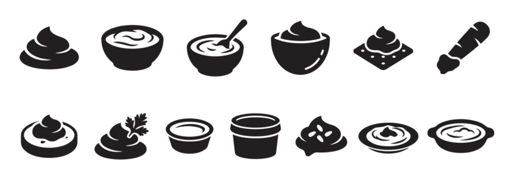 Collection of black and white icons depicting various sauces, dips, and condiments in bowls and on crackers, presented in a simple graphic style