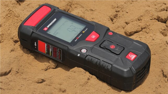 Black and red soil salinity meter with digital display for accurate agricultural readings on sandy ground.