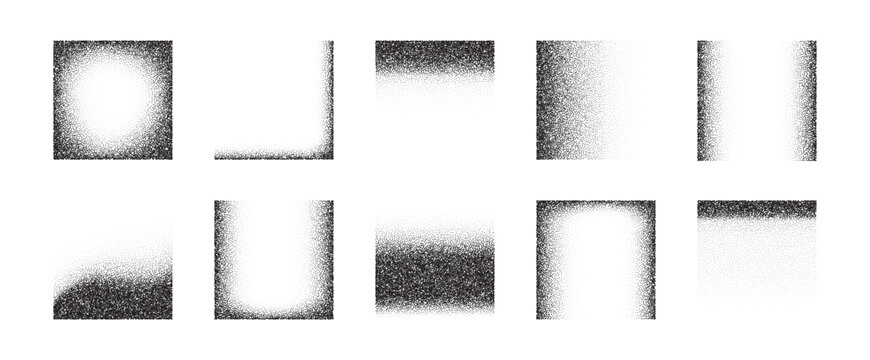 Noise square texture with grain gradient background for spray stipple element. Fade geometric soft with noise pattern gradation for border shape corner. Black grunge noise with dissolve grain.