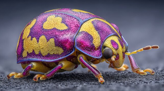 Vibrantly colored jeweled beetle with unique patterned shell and visible legs exploring textured ground in extreme macro detail