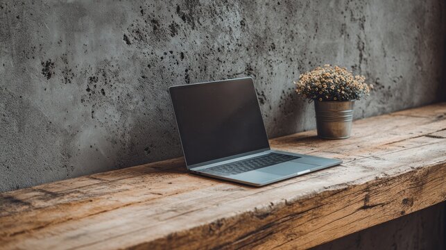 Open notebook computer rests on a rustic wooden surface beside a small potted plant against a textured wall