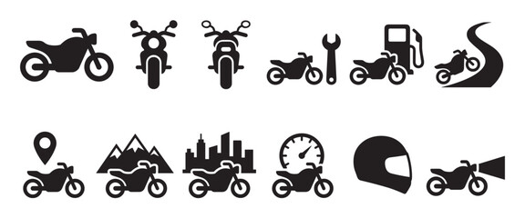 Naklejka premium Collection of black motorcycle icons depicts various aspects of riding, maintenance, and travel in a clean, graphic style
