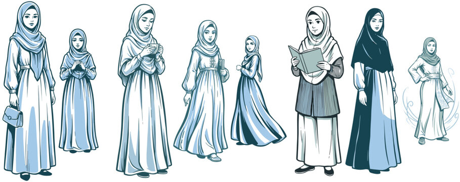 Set of Muslim women in hijab and modest clothing illustrations