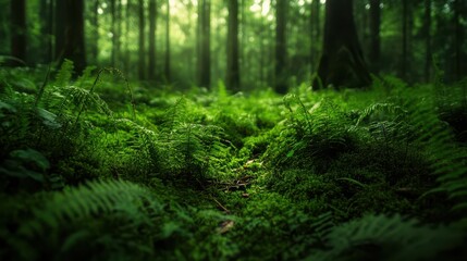 Obraz premium A close view of green ferns growing on the forest floor among moss and wet soil. Sunlight filters through tall trees, creating a bright atmosphere in nature.