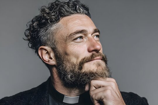 friendly ecumenist promoting religious unity harmony openness and dialogue in a minimal studio setting.