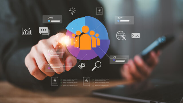 human resource manager analyzing team performance with digital pie chart dashboard, employee segmentation, workforce analytics, talent management, data driven decision making ,modern HR technology