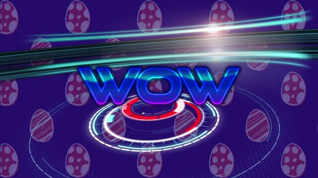 Animation of wow text over scope scanning and egg icons on blue background