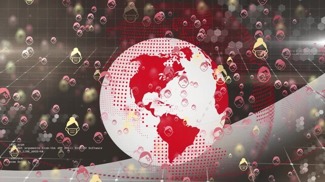 Animation of face masks, glob and diverse data on digital screen