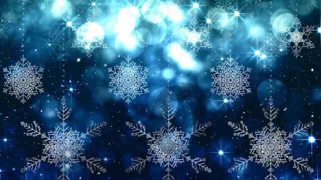 Animation of snow falling and light spots at christmas on blue background