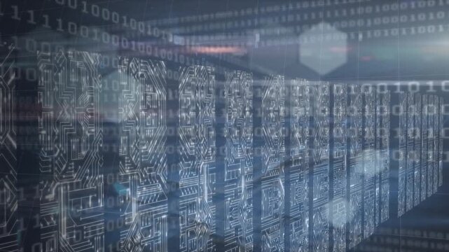 Animation of hexagons, binary code and data processing over servers