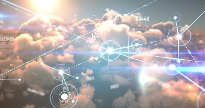 Animation of network of connections with icons over american flag