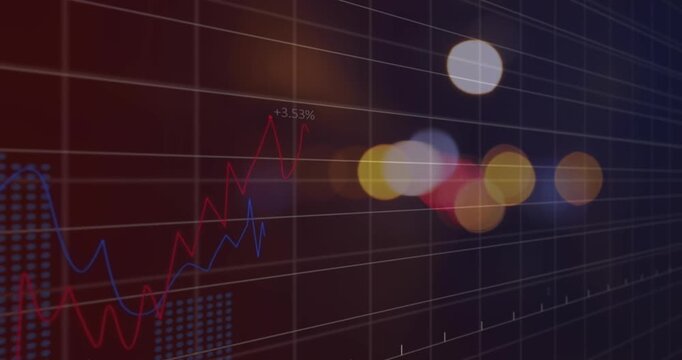 Digital animation of statistical data processing over spots of light against gradient background