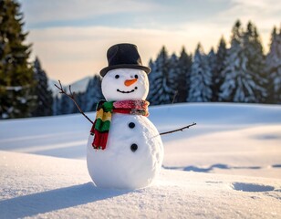 Fototapeta premium Charming Snowman Standing in a Snowy Winter Landscape.