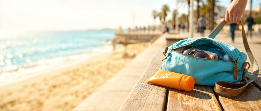 Orange sunscreen tube and blue bag on a wooden bench at the beach. Summer vacation essentials with sunglasses and water bottle by the ocean. Sun protection and travel concept