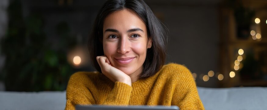 Latino woman video chatting on tablet in a comfy lounge space