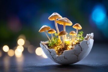 Bioluminescent Mushrooms Growing Inside a Cracked Eggshell with Glowing Lights
