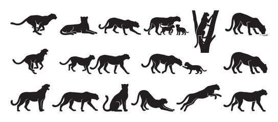 Obraz premium Various black panther silhouettes in different poses, including running, walking, sitting, and interacting with cubs, in a graphic style