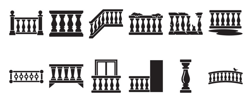 Collection of black silhouette balustrade icons in various styles, including stair railings, balconies, and decorative elements