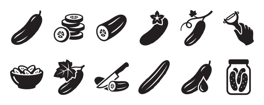 Various black cucumber icons depicting whole, sliced, peeled, and pickled forms, presented in a clean, graphic style