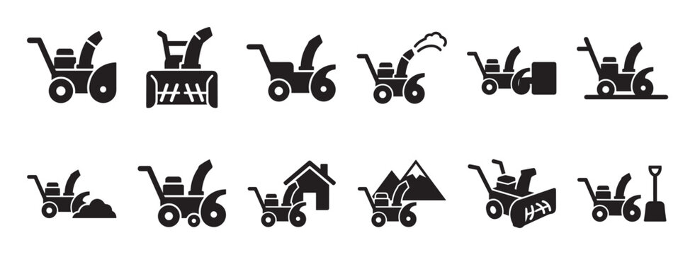Collection of black silhouette snow blower icons, depicting various models and actions in a clean, modern vector style