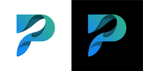 Fototapeta premium A stylized letter P logo featuring dynamic blue and green gradient waves. Shown on both a clean white and a contrasting black background, this design is ideal for branding, technology, or creative ind