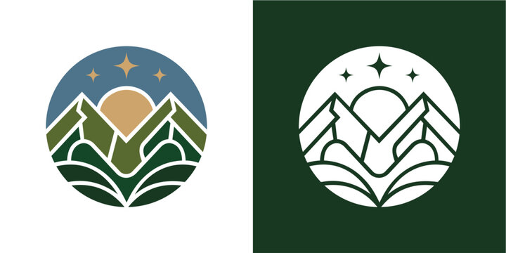 Stylized circular emblem featuring abstract mountains, a setting sun, and stars. This geometric nature logo evokes adventure, exploration, and natural beauty, suitable for outdoor brands, travel compa