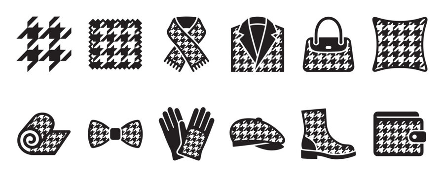 Collection of black and white houndstooth pattern icons representing various fashion items and textiles in a clean, graphic style