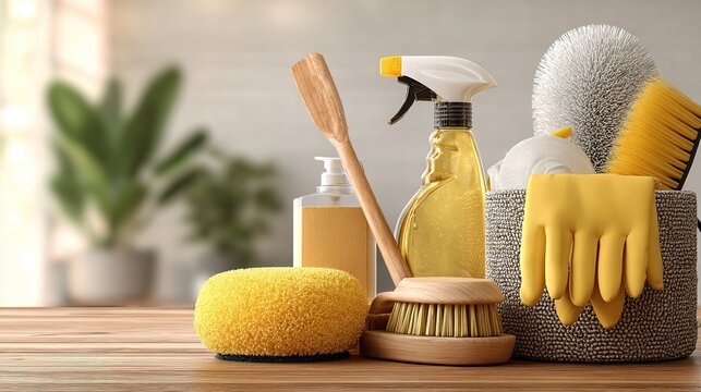 Essential Residential Cleaning Supplies and Tools for a Fresh Home Environment Captured in a Bright and Organized Setting Ideal for Homeowners and Cleaners Alike