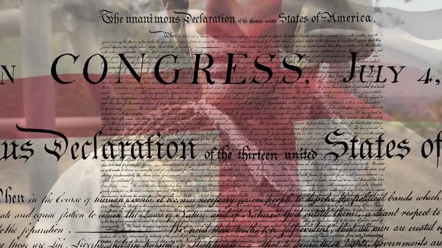 Animation of declaration of independence transcription and england flag over caucasian army soldier