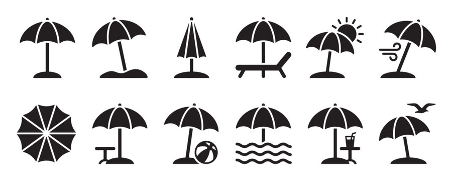 Collection of black silhouette beach umbrella icons depicting various summer vacation scenarios and elements, presented in a clean, graphic style