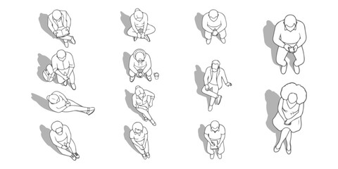 Top View Sitting People White Fill Set, Overhead Diverse Seated Characters Collection with Clean Solid Shapes and Shadows, Urban Crowd Waiting and Resting Vector for Architecture Plans © MkJutt