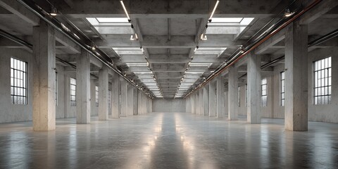 Naklejka premium Spacious Empty Warehouse with Concrete Floor Minimal Design Industrial Space Urban Environment Wide-Angle View Modern Aesthetic for Creative Projects