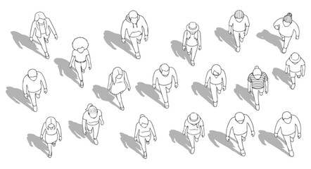 Top View White Fill People Walking Set, Overhead Crowd Characters with Clean Solid Shapes and Shadows, Urban Pedestrian Vector Collection for Architecture Plans, City Design and Crowd Scenes © MkJutt