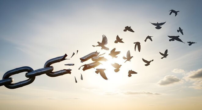 Breaking chains symbolized by birds taking flight into the sky
