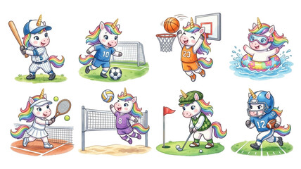 Fototapeta premium Set of Funny cartoon vector set illustration of a Unicorn Horse character playing with sport featuring an animal icon collection watercolor pastel style Sticker Design 