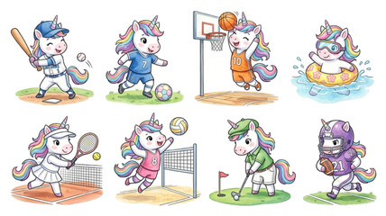 Fototapeta premium Set of Funny cartoon vector set illustration of a Unicorn Horse character playing with sport featuring an animal icon collection watercolor pastel style Sticker Design 