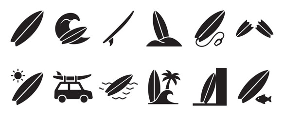 Obraz premium Collection of black surfboard icons depicting various surfing scenarios and beach elements in a simple graphic style