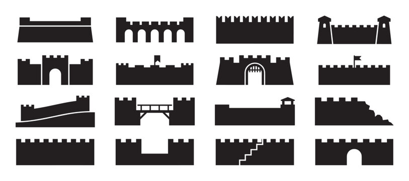 Various black castle wall and fortress icons are displayed in a grid, showcasing different architectural elements and designs