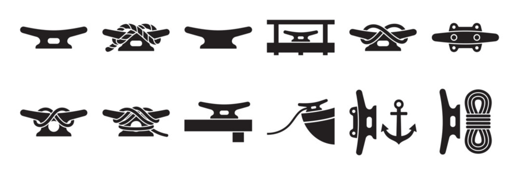 Various black silhouette boat cleats and nautical elements are arranged in two rows, showcasing different designs and rope configurations