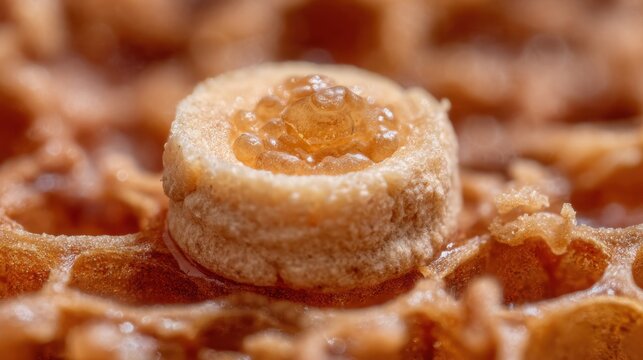 Close-up macro detail of a capped honey bee brood cell filled with golden nectar in a hive