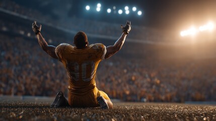 Dramatic Athlete Dominates the Stadium in a Powerful Kneeling Pose Under Bright Lights