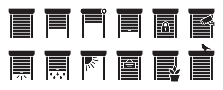 Black silhouette roller shutter icons illustrate various states and functions, including open, closed, locked, and security camera
