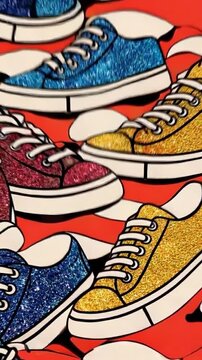 Glitter sneakers gently wiggle and subtly zoom in and out on vibrant orange background, creating playful seamless pop art motion for trendy animated fashion wallpaper. High quality FullHD footage