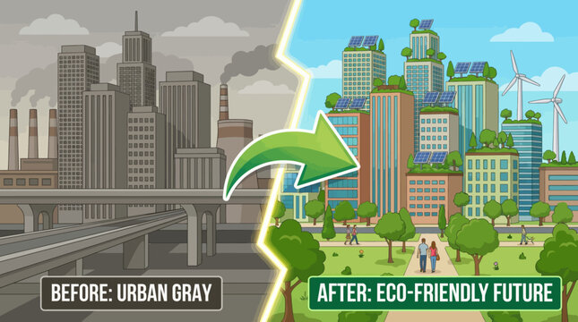 Urban Transformation: A visual narrative comparing the gray, polluted cityscape of the past with a vibrant, eco-friendly urban future. Showcasing a transition towards sustainable cityscapes.