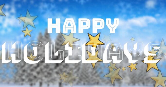 Animation of stars and congratulations text banner against snow covered trees on winter landscape