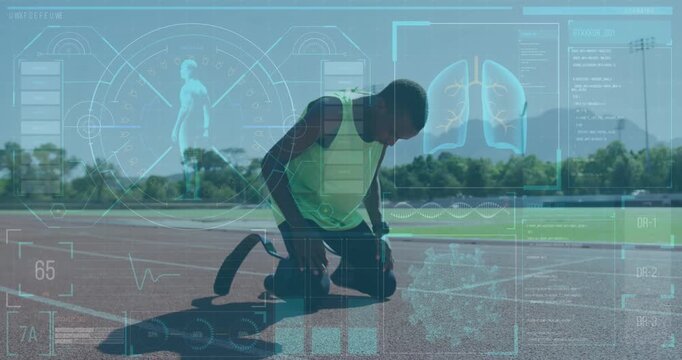 Animation of data processing over disabled african american male runner
