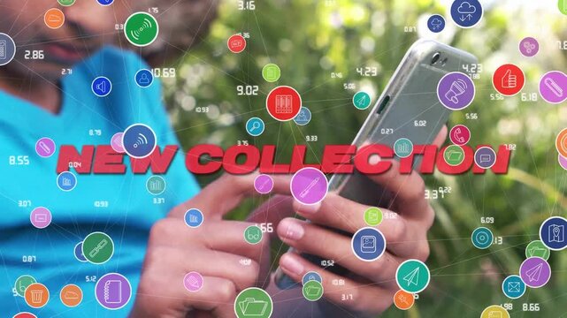 Animation of network of connections with icons over african american person using smartphone